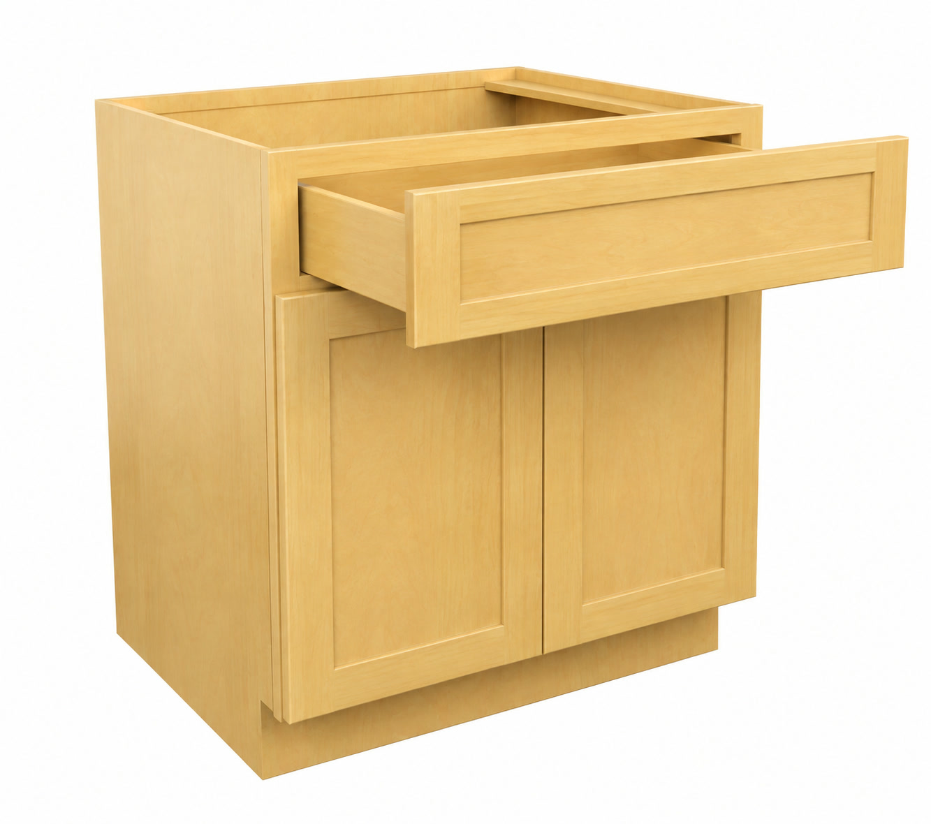 Wood cabinet with its upper drawer open