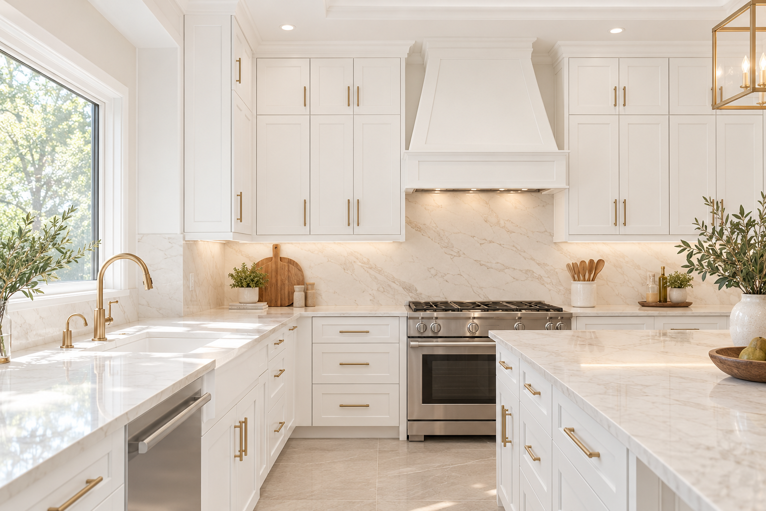 Kitchen inspiration with white Shaker cabinetry, marble-look surfaces and brass accents